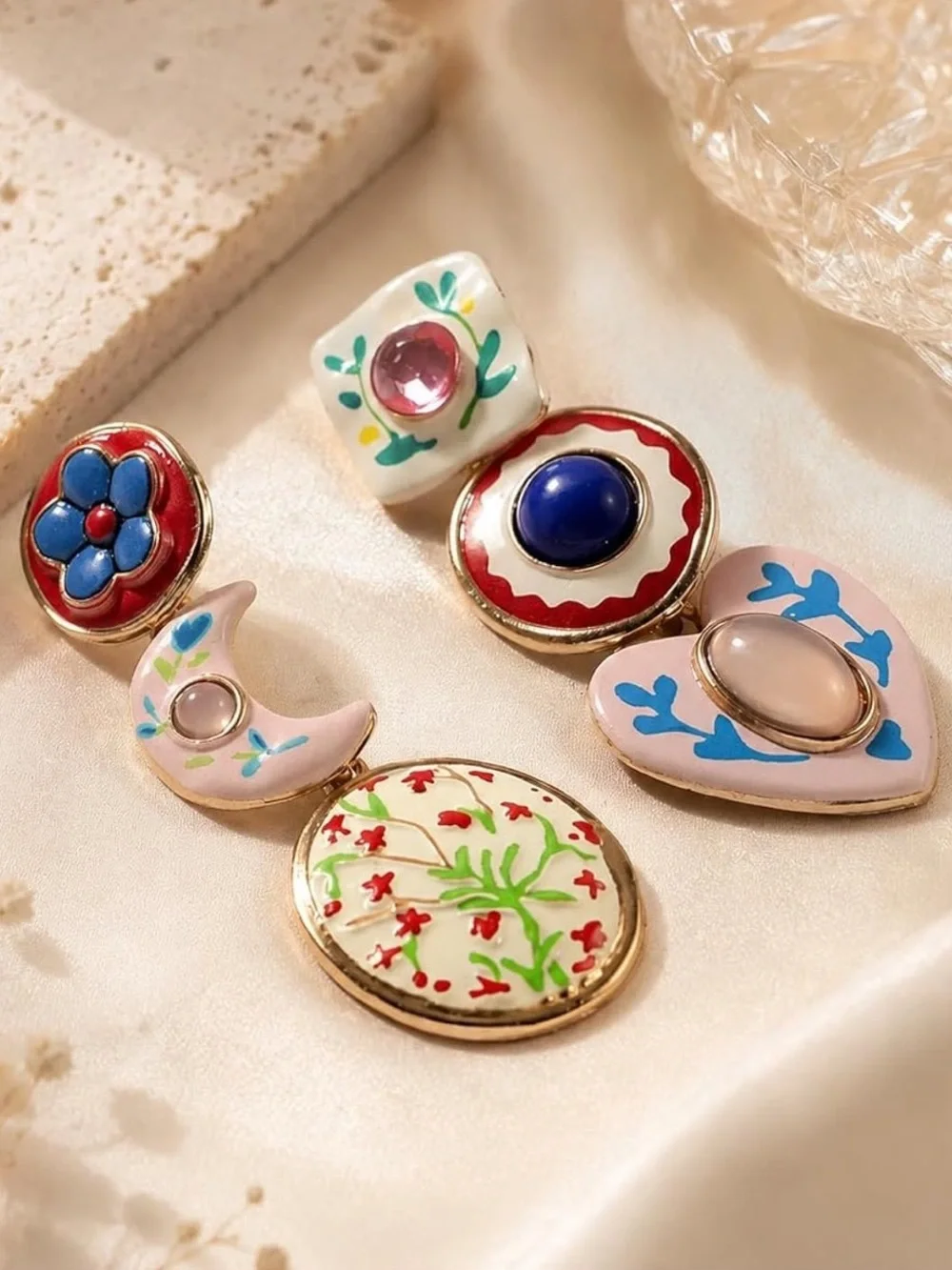 Anthropologie Pink, Blue and Red Hand-Painted Enamel Brooch Set